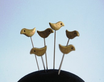 6 Antique Bronze Bird Pins - medium long