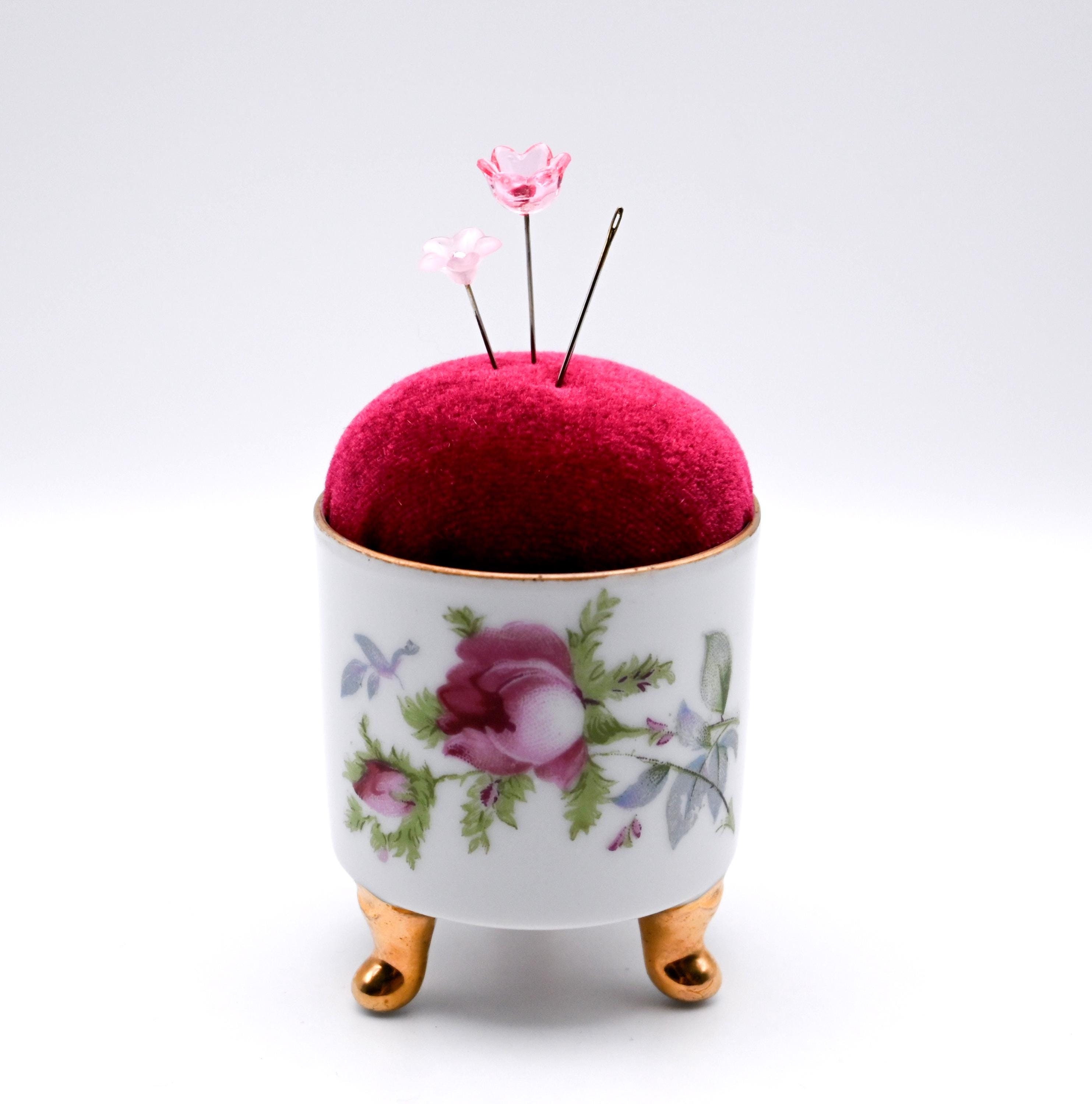 Pincushion 'Rose' vintage porcelain Made in Japan by Lefton's - repurposed - pins included