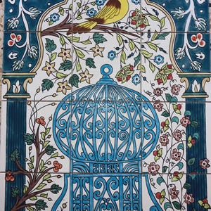 Hand Painted Bird & Floral Tile Mural: Mediterranean Ceramic Wall Art