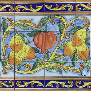 Hand Painted Decorative Lemon and Pomegranate, Ceramic Tile Mural Backsplash, Home Decoration, Kitchen Backsplash