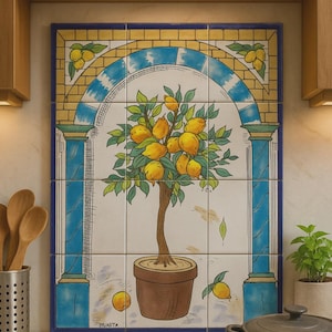 Hand Painted Tile Mural Backsplash Vase Lemon Tree Home Decoration Wall Art