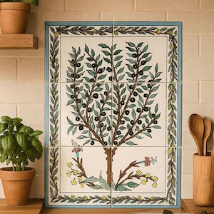 Hand Painted Olive Tree Ceramic Tile Mural Backsplash Art Deco
