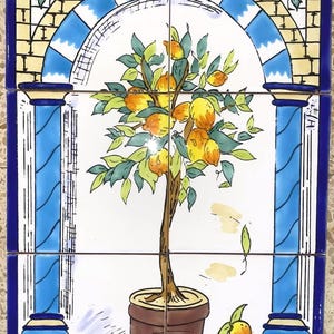 Ceramic Tile Mural Backsplash Lemon Tree Vase Mosaic Art Deco Hand Painted 12&quot; x 18&quot;