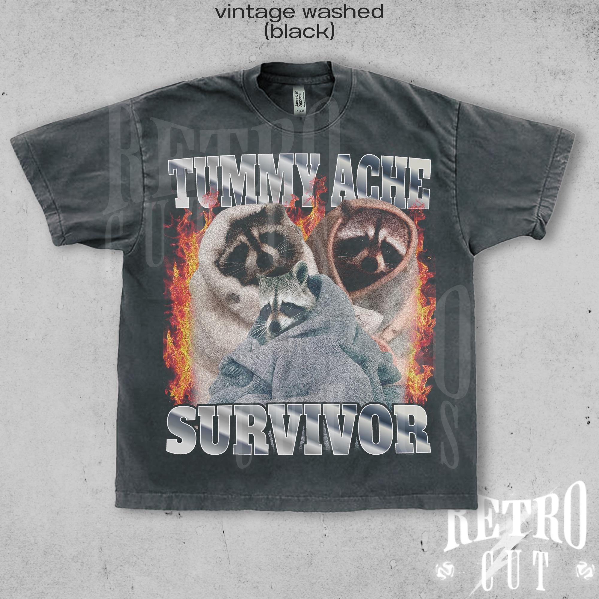 Tummy Ache Survivor Shirt, Funny Retro 90s Meme Tee, Vintage Raccoon Graphic T-Shirt, Sarcastic Humor Shirt, Funny Gift for Friends