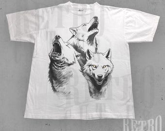 Retro drei Wölfe Heulen T-Shirt, Vintage 90er Jahre Wolf Mond Grafik T-Shirt, Y2K Moonlit Wildlife Shirt, übergroßes Natur Abenteuer T-Shirt