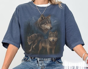 Retro Wolf-T-shirt, vintage T-shirt met landschapsafbeelding, klassiek op de natuur geïnspireerd shirt, cadeau voor outdoordierenliefhebber