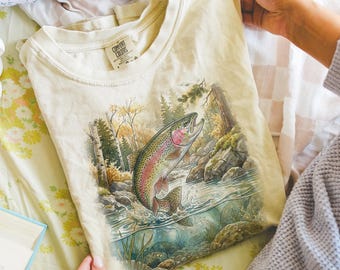 Rainbow Trout Fishing Graphic T-Shirt, Vintage River Angler Illustration on Comfort Colors Outdoor Nature Tee