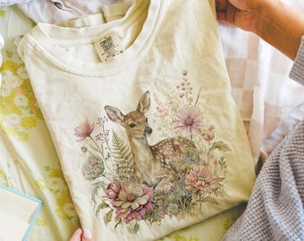 Floral Deer Fawn Shirt, Cottagecore Nature Comfort Colors® T Shirt, Cute Forest Animal Vintage Graphic Tee