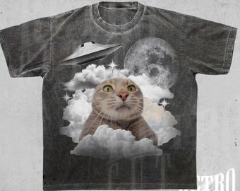 Camiseta engraçada com gato e OVNI, camiseta com meme de selfie de gato e OVNI, camiseta retrô com estampa de gato, estilo anos 90 da Comfort Colors, camiseta hilária com gato e OVNI