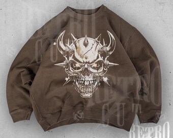 Skull Y2K Vintage Sweatshirt, Retro Grunge Skeleton Pullover, Gothic Streetwear Crewneck, 2000s Dark Aesthetic Sweater