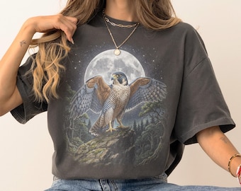 Peregrine Falcon Moonlight Graphic T-Shirt, Vintage Raptor Wildlife Art with Comfort Colors Wilderness Nature Illustration Tee