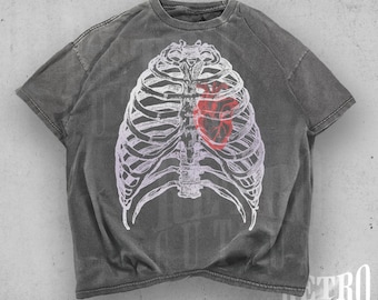 Y2K Skeleton Rib Cage Graphic T-Shirt, Vintage Skull Gothic Tee, Retro 90s Grunge Horror Shirt, Distressed Oversized Y2K Tee, Dark Art