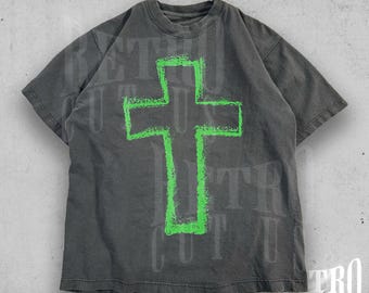 Y2K Cross Christian Gothic T-Shirt, Vintage 90s Grunge Faith Tee, Dark Aesthetic Religious Streetwear, Edgy Oversized Graphic Shirt