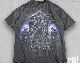 T-shirt vintage de guitariste rock squelette, t-shirt musique gothique rétro, chemise squelette unisexe rock star, t-shirt graphique guitare grunge