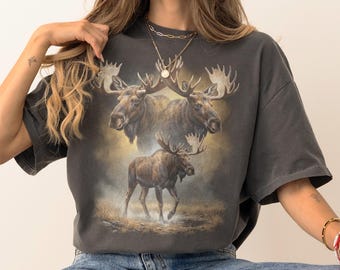 Moose Family Wilderness Graphic T-Shirt, Comfort Colors Vintage Forest Wildlife Illustration Rustic Nature Art Tee