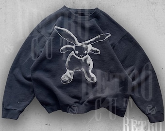 Vintage kanintröja, retro 90-tals kanintröja med grafisk design, söt estetisk överdimensionerad rund hals, mysig djurälskartröja