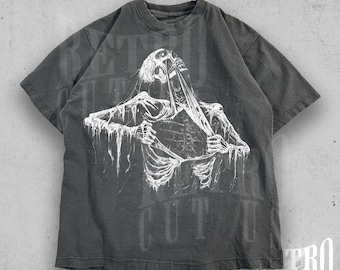 Camiseta Vintage com Estampa de Costelas de Esqueleto, Camiseta Retrô Gótica Grunge dos Anos 90, Camiseta de Terror com Arte Sombria Y2K, Camiseta com Estampa de Esqueleto Desgastado
