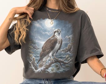 Osprey Moonlit Coast Graphic T-Shirt, Vintage Coastal Raptor Wildlife Art with Comfort Colors Nature Illustration Tee