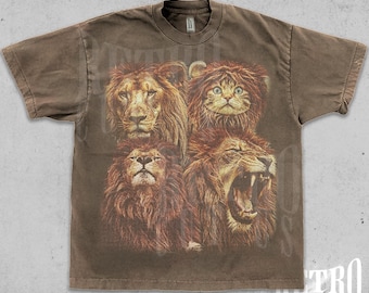 Vintage Lion Graphic T-Shirt, Retro Washed Y2K Lion Shirt, Oversized Lion Animal Tee, 90's Style Animal Shirt, Cool Shirt for Him