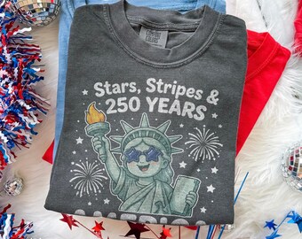 Stars Stripes & 250 Years America Shirt, Cute Statue Of Liberty Patriotic Tee, USA Anniversary Celebration Design, Comfort Colors® Gift Tee