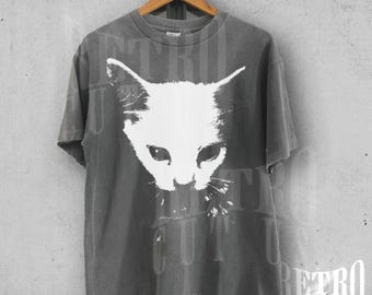 Y2K gotisk katt-T-shirt, mörk estetisk vintage-T-shirt, Grunge Horror Cat-grafik-T-shirt, Retro Edgy Streetwear, Alternativ katttopp