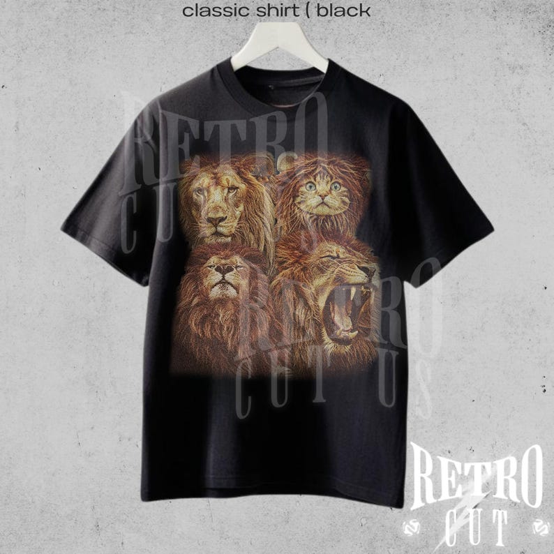 May include: Black t-shirt with a graphic print of four lion faces. The lion faces are arranged in a square pattern. The t-shirt has a crew neck and short sleeves.