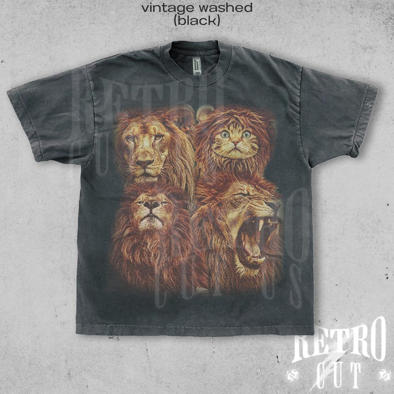 May include: A black vintage washed t-shirt with a graphic print of four lion faces, one of which is a cat wearing a lion mane.
