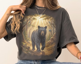 American Black Bear Forest Graphic T-Shirt, Comfort Colors Vintage Wildlife Illustration Rustic Nature Adventure Tee