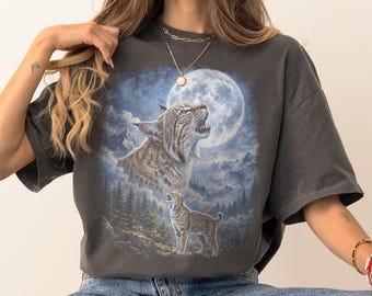 Majestic Lynx and Kitten Moonlit Mountain Graphic T-Shirt, Comfort Colors Vintage Big Cat Wilderness Wildlife Art Tee