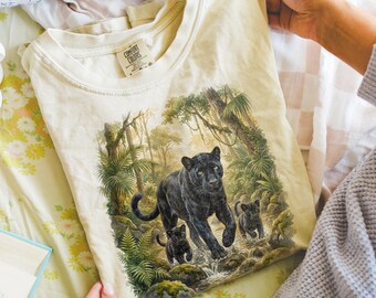 Black Panther and Cubs Jungle Graphic T-Shirt, Comfort Colors Vintage Big Cat Wildlife Illustration, Majestic Nature Art Tee