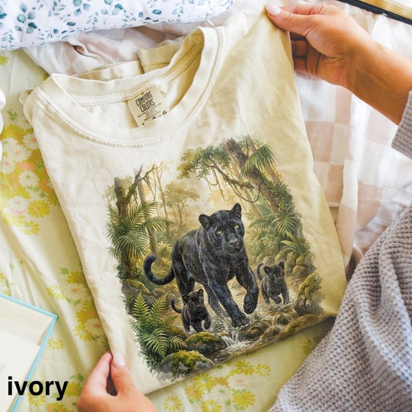 Black Panther and Cubs Jungle Graphic T-Shirt, Comfort Colors Vintage Big Cat Wildlife Illustration, Majestic Nature Art Tee