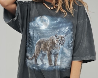 Majestic Cougar Moonlight Graphic T-Shirt, Comfort Colors Wild Cat Snow Forest Illustration, Vintage Predator Nature Art Tee
