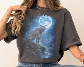 Cougar Moonlight Wildlife Graphic T-Shirt, Mountain Lion Forest River Illustration on Comfort Colors Vintage Nature Tee