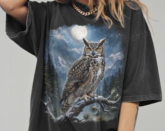 Great Horned Owl Moon Mountain Graphic T-Shirt, Vintage Forest Wildlife Illustration with Comfort Colors Nature Art Tee