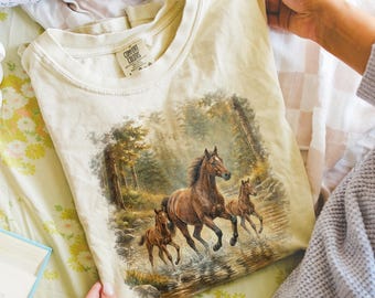 Wild Horses River Crossing Graphic T-Shirt, Vintage Forest Wilderness Illustration with Comfort Colors Rustic Nature Art Tee