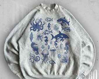 Vintage Sea Animals Sweatshirt, Retro Ocean Life Crewneck, Marine Wildlife Whale Dolphin Sweater, Cozy Oversized Unisex Hoodie