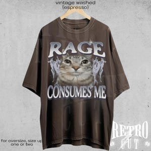 Puede incluir: Una camiseta vintage de color marr&oacute;n lavada con un gr&aacute;fico de un gato y el texto "RAGE CONSUMES ME".