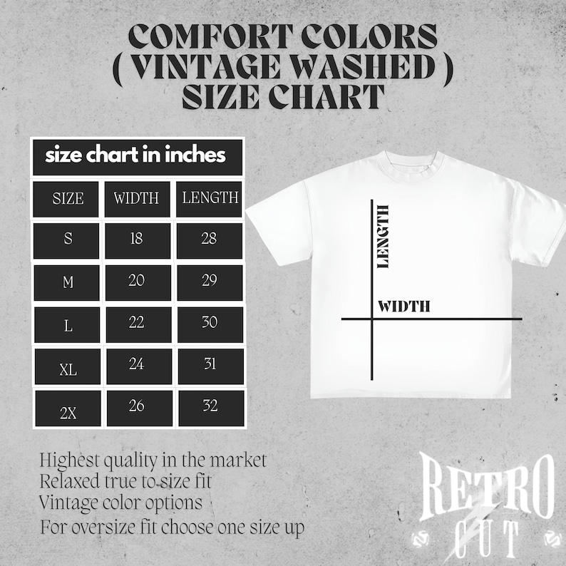 May include: Size chart for Comfort Colors vintage washed t-shirts. The chart shows sizes S through 2X with corresponding width and length measurements in inches.