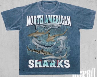 North American Sharks T-Shirt, Vintage Shark Graphic Tee, Retro Ocean Lovers Shirt, Comfort Colors 90s Style, Funny Sea Life Graphic Shirt
