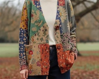 Cárdigan de visón con estampado floral y patchwork: Chaqueta tipo suéter cálida de estilo rústico