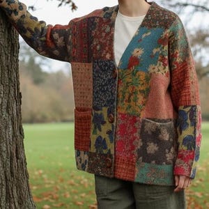 Peut inclure: Un cardigan patchwork multicolore avec un col en V et deux poches avant. Le cardigan présente divers carrés de tissu à motifs dans les tons de rouge, bleu, marron et vert. La personne porte un t-shirt blanc et un pantalon vert olive.