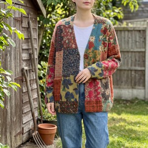 Patchwork Floral Mink Fleece Cardigan: Warm Cottage Style Sweater Jacket