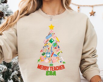 Merry Teacher Era Sweatshirt: Christmas Tree Holiday Shirt