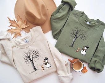 Snowman Christmas Sweatshirt: Winter Scene, Dog and Tree
