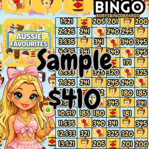 Peut inclure: Illustration numérique colorée d'une grille de bingo avec une femme de dessin animé tenant une glace. La grille présente des icônes sur le thème de la nourriture et le texte "AUSSIE FAVOURITES" et "MIDNIGHTLINES BINGO".