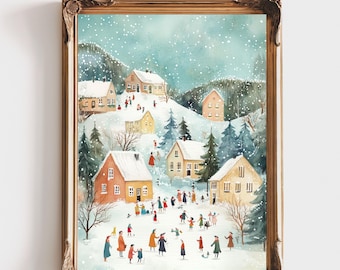 May include: A framed watercolor print depicting a snowy village scene with small houses in shades of orange, yellow, and cream, surrounded by evergreen trees and figures in colorful winter clothing. The text A|ARCHIVE is printed below the frame.