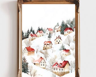 May include: A framed watercolor print depicting a snowy hillside landscape with multiple houses featuring red roofs, scattered evergreen trees, and bare winter branches. The ornate gold frame surrounds the artwork, and the text A|ARCHIVE appears below.