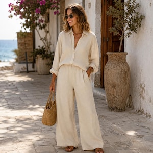Luftige Leinenbluse und Hose, lockeres Langarmtop, Hose mit weitem Bein, müheloses Sommer-Resort-Outfit