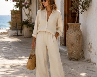 Ensemble chemisier et pantalon en lin, haut ample à manches longues, pantalon large, tenue de villégiature estivale sans effort