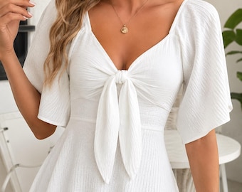 Women’s V Neck Bow Tie Mini Dress, Elegant Summer Dress, Cute Party Dress, Feminine Date Night Outfit